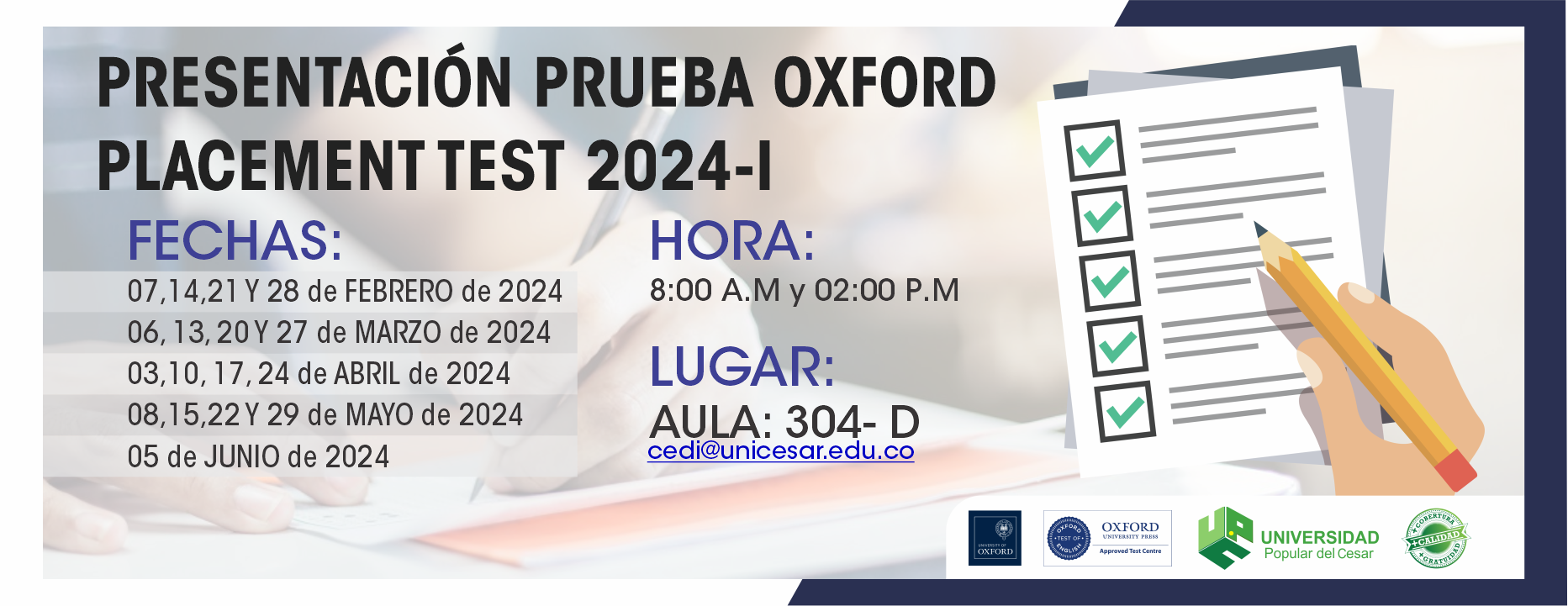 Banner PRESENTACION PRUEBA OXFORD PLACEMENT TEST 2024-I