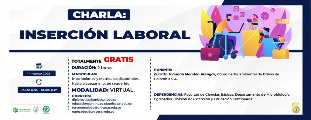 Charlas: Inserción Laboral, Fecha y Horario: 14 de marzo de 2025 de 4:00 p.m. a 6:00 p.m, Modalidad: Virtual
