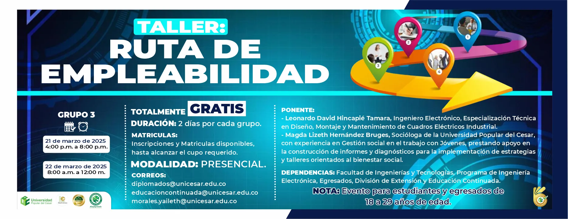 Taller: Ruta de Empleabilidad, Dia: 21 de marzo de 2025 de: 4:00 p.m. a 8:00 p.m. y 22 de marzo de 2025 de: 8:00 a.m.-12:00 m. Modalidad: Presencial, Duración: 2 dias por cada grupo.