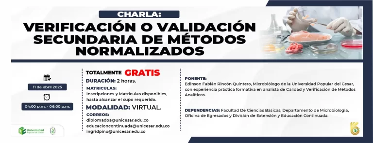 Charla: Verificación o validación secundaria de métodos normalizados. Día: 11 de abril 2025 Hora: 4:00 pm Modalidad: Virtual