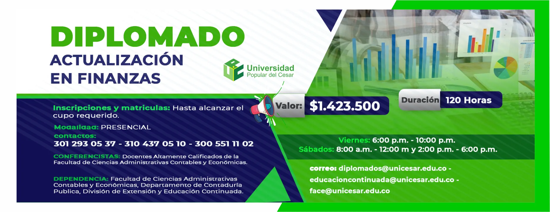 Diplomado en actualización en finanzas, Modalidad Presencial, Valor: $1.423.500, Duración: 120 horas