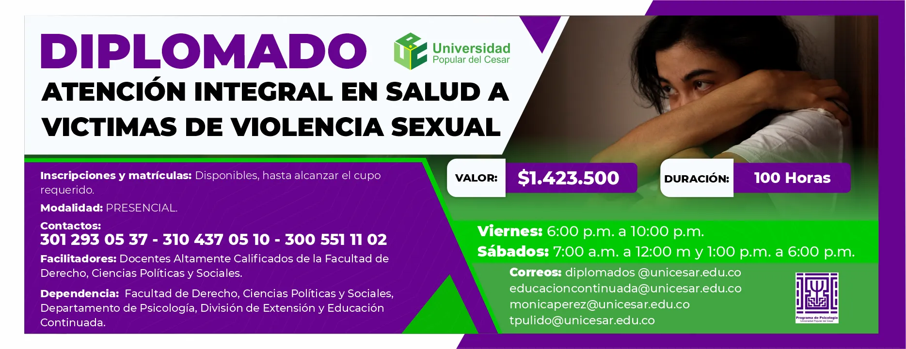 Diplomado atención integral en salud a víctimas de violencia sexual. Valor: $1.423.500, Duración: 100 Horas