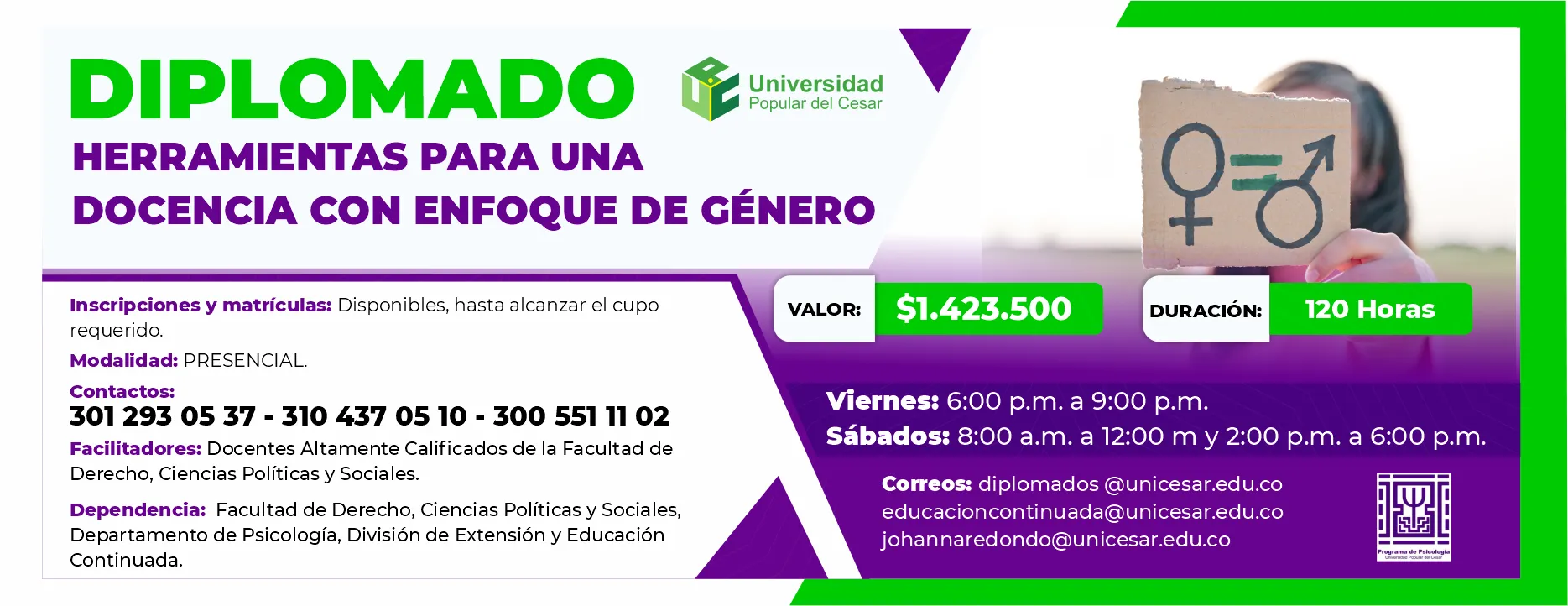 Diplomado en herramientas para una docencia con enfoque de genero. Valor $1.423.500, Duración: 120 Horas