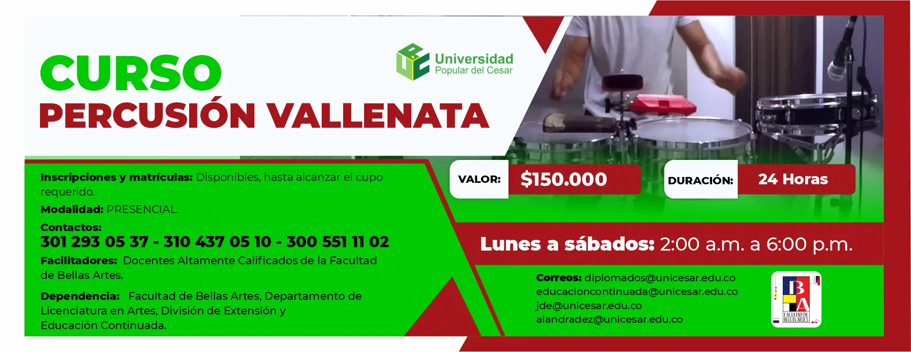 Curso de Percusión vallenata. Valor $150.000, Duración: 24 horas