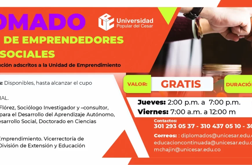 Diplomado en formación de emprendedores sociales. Valor: Gratis, Duración: 80 Horas