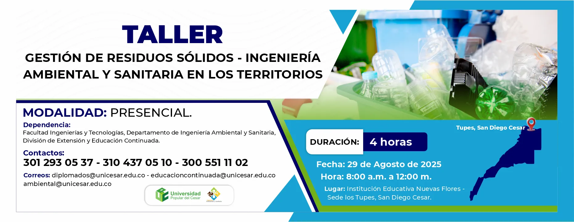 Taller en gestión de residuos solidos- ingeniería ambiental y sanitaria en el territorio. Duración: 4 Horas, Modalidad: Presencial