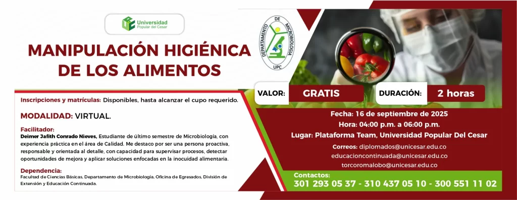 Manipulación higiénica de los alimentos. Valor: Gratis, Duración: 2 horas, Modalidad: Virtual