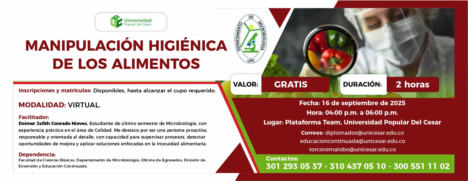Manipulación higiénica de los alimentos. Valor: Gratis, Duración: 2 horas, Modalidad: Virtual