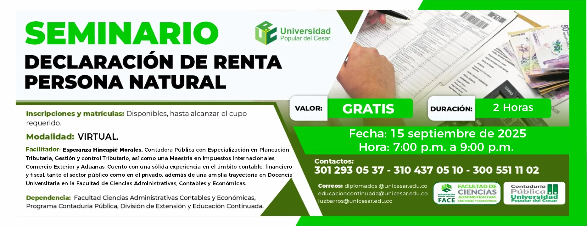 Seminario declaración de renta persona natural. Valor: Gratis, Duración: 2 horas, Modalidad: Virtual