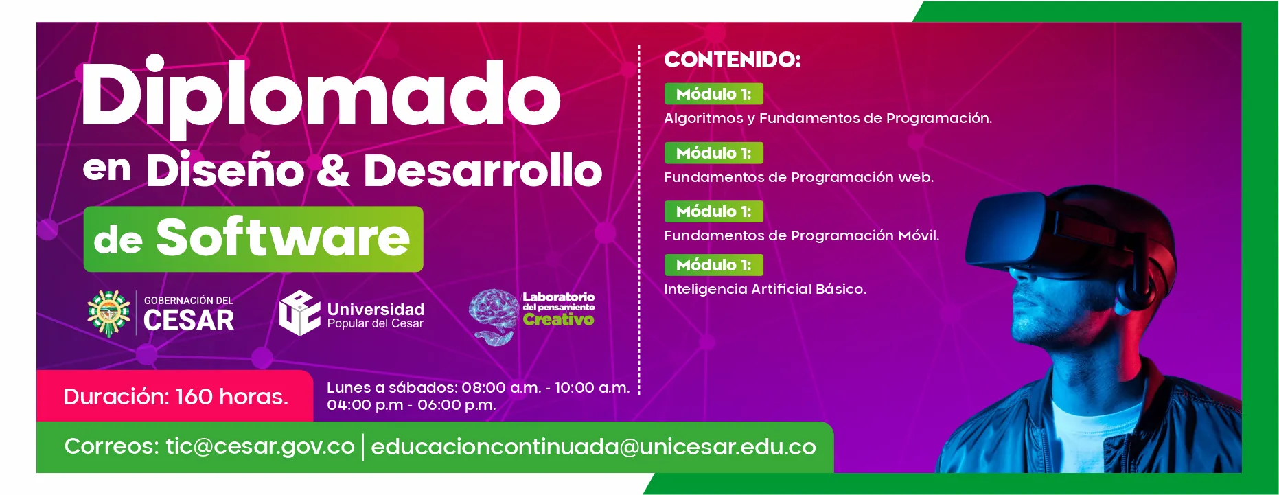Diplomado en diseño y desarrollo de software. Duración 160 horas, Días: Lunes a sábados, Hora: 8:00 am
