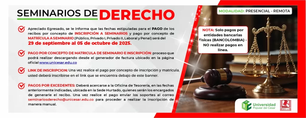 Calendario 2025 Seminarios de Derecho, Fecha de inicio: 29 de septiembre de 2025 Modalidad: Presencial - Remota