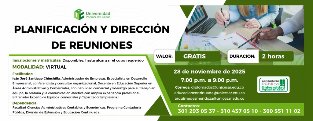 Planificación y dirección de reuniones. Día: 20 de noviembre de 2025, Valor: Gratis, Modalidad: Virtual, Duración: 2 horas