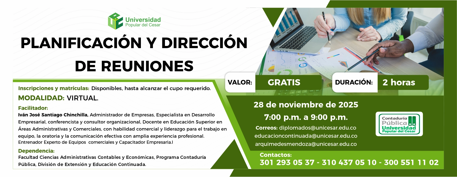 Planificación y dirección de reuniones. Día: 20 de noviembre de 2025, Valor: Gratis, Modalidad: Virtual, Duración: 2 horas