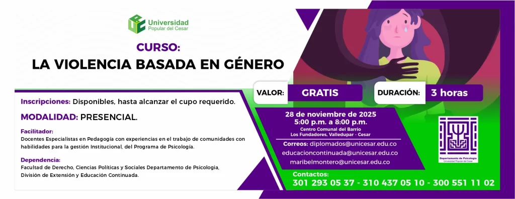 Curso la violencia basada en gรฉnero. Dรญa: 28 de noviembre de 2025, Valor: Gratis, Modalidad: Presencial, Duraciรณn: 3 horas