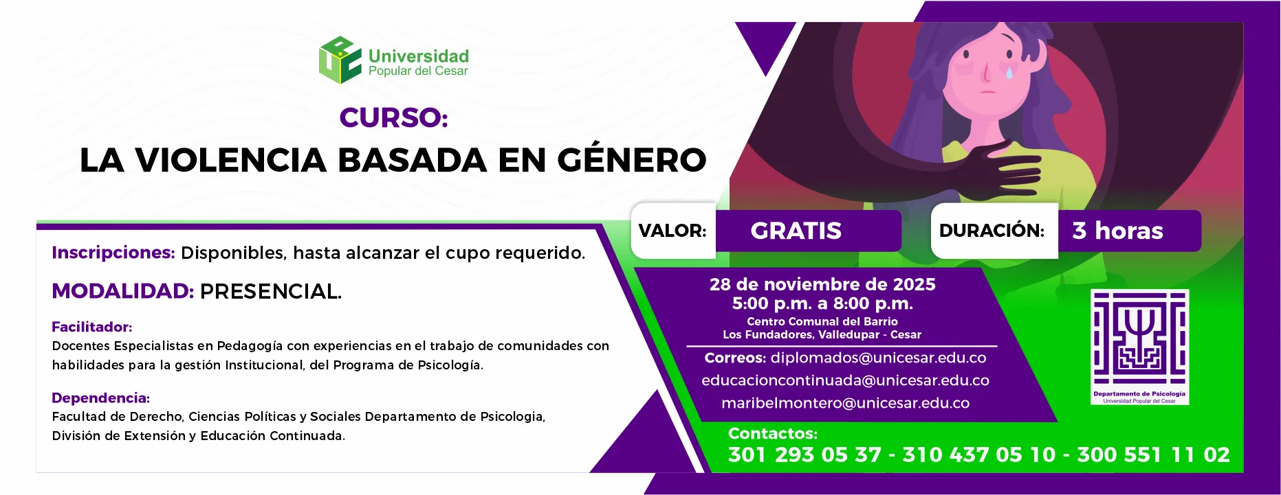 Curso la violencia basada en género. Día: 28 de noviembre de 2025, Valor: Gratis, Modalidad: Presencial, Duración: 3 horas