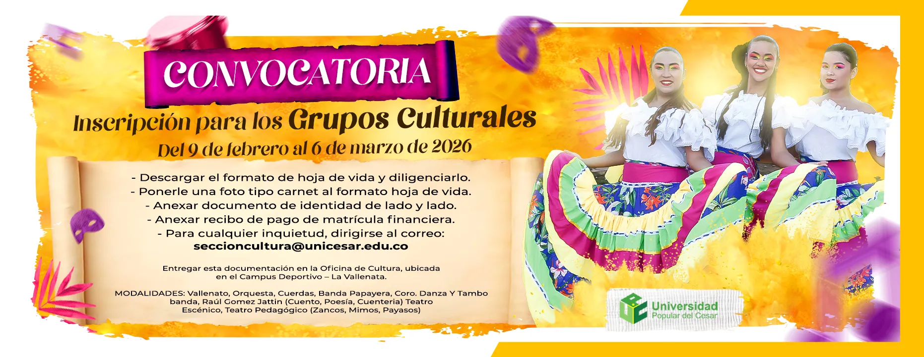 Convocatorias de inscripción a los diferentes grupos culturales en el periodo 2026-I. Fecha: del 9 de febrero al 6 de marzo de 2026