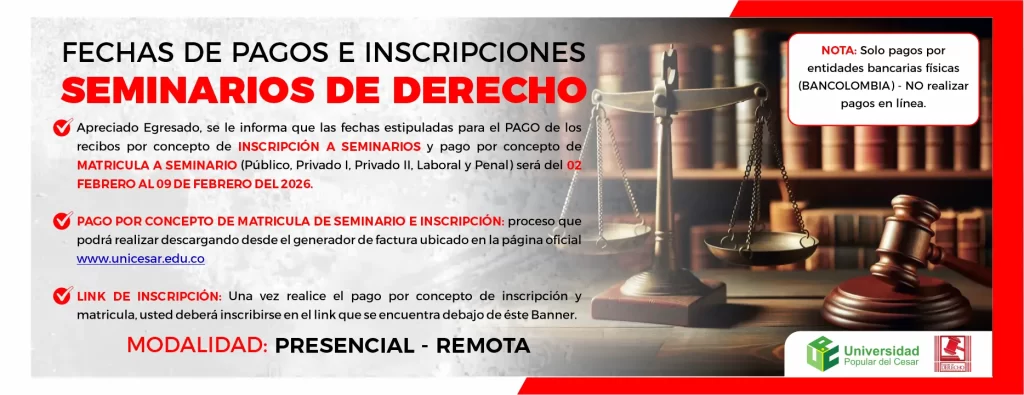 Calendario 2026 Seminarios de Derecho, Fecha de inicio: 2 de febrero de 2026 Modalidad: Presencial - Remota