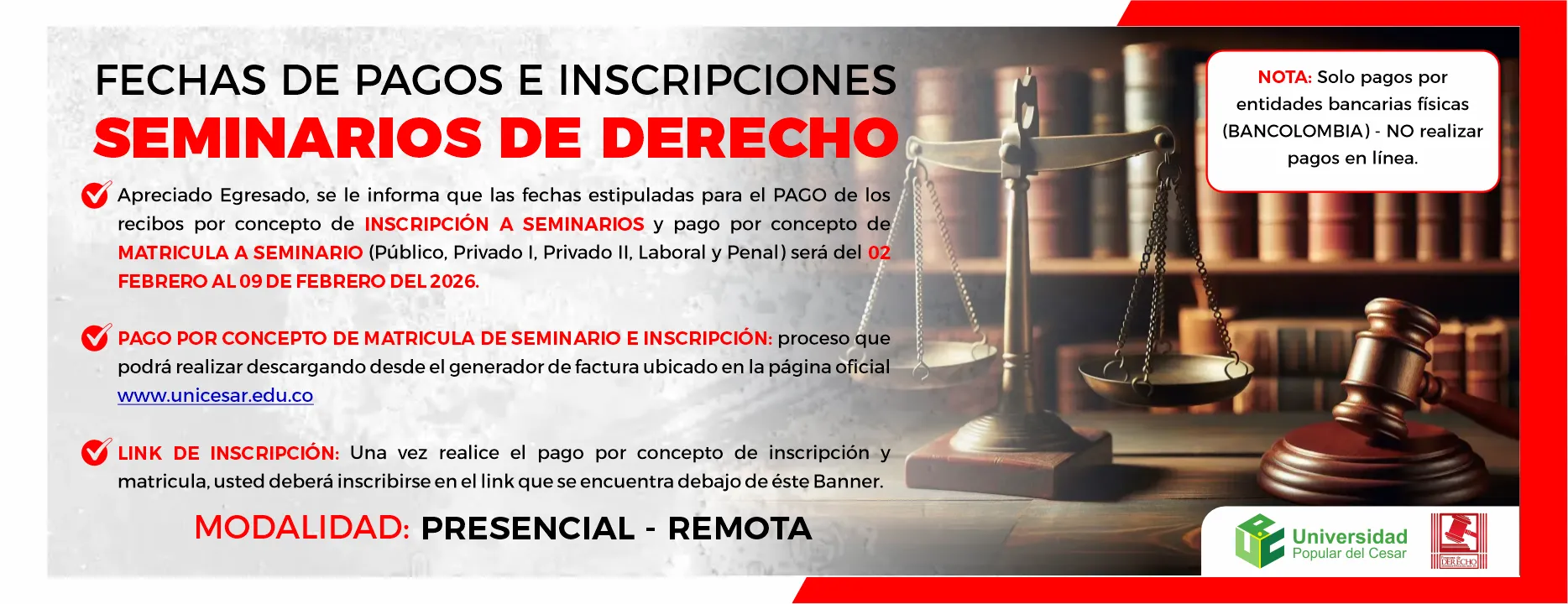 Calendario 2026 Seminarios de Derecho, Fecha de inicio: 2 de febrero de 2026 Modalidad: Presencial - Remota