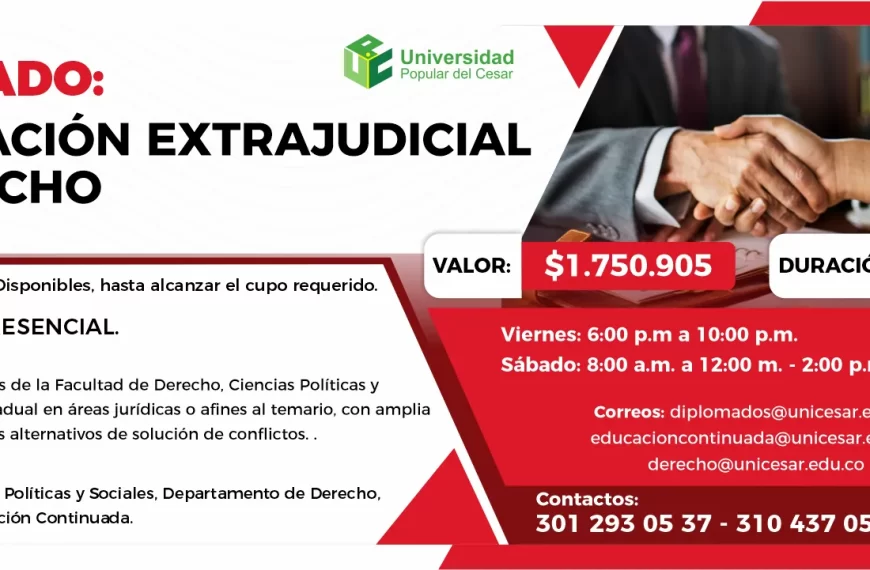 Diplomado en conciliación extrajudicial en derecho. Valor: $ 1.750.905, Modalidad: Semipresencial, Duración: 150 horas