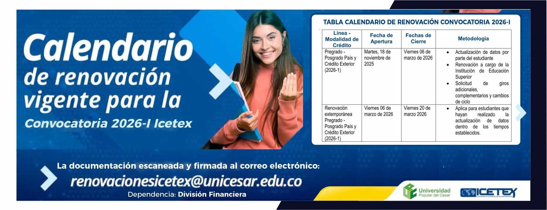 Calendario de renovación vigente para la convocatoria 2026-1 ICETEX