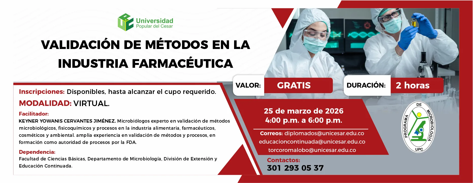 Validación de métodos en la industria farmacéutica. Día: 25 de marzo de 2026, Valor: Gratis, Modalidad: Virtual, Duración: 2 horas