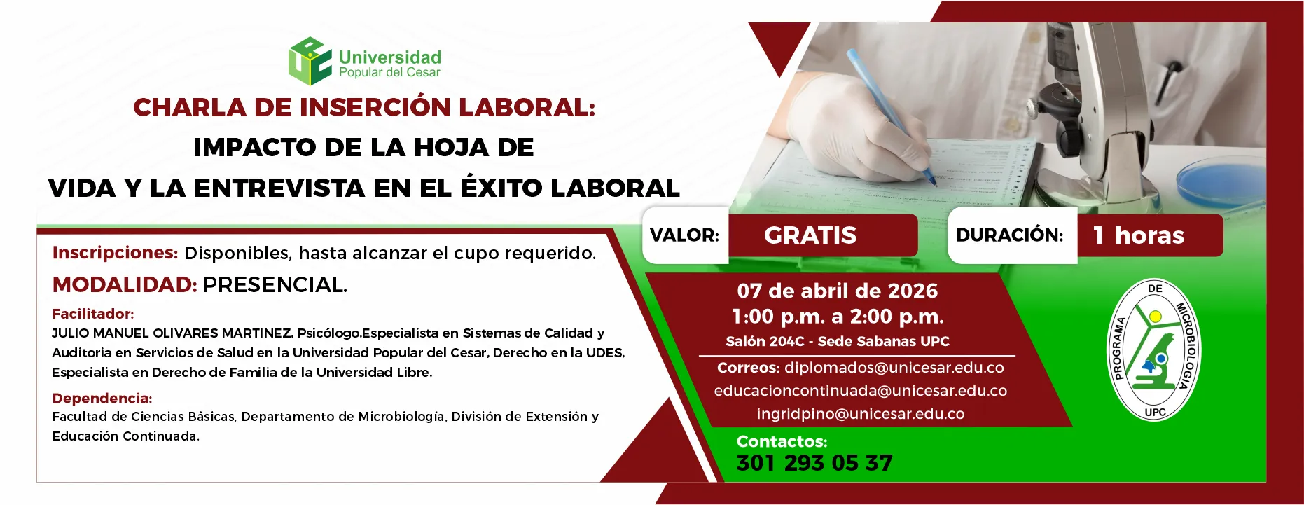Charla de inserción laboral: impacto de la hoja de vida y la entrevista en el éxito laboral. Día: 7 de abril de 2026, Valor: Gratis, Modalidad: Presencial, Duración: 1 horas