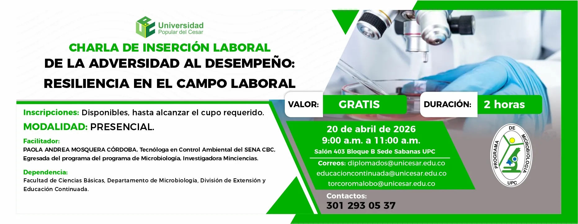 Charlas inserción laboral “de la adversidad al desempeño: resiliencia en el campo laboral”. Día: 20 de abril de 2026, Valor: Gratis, Modalidad: Presencial, Duración: 2 horas