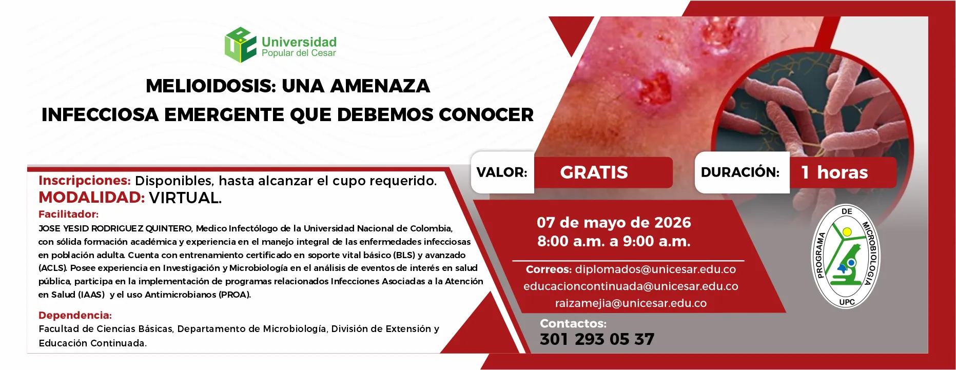 Charlas inserción laboral:” melioidosis: una amenaza infecciosa emergente que debemos conocer”. Día: 7 de mayo de 2026, Valor: Gratis, Modalidad: Virtual, Duración: 1 horas