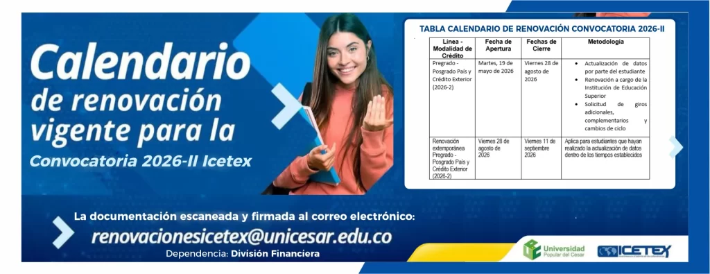Calendario de renovaciรณn vigente para la convocatoria 2026-II Icetex.