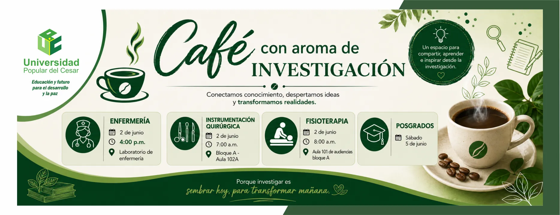 Café con aroma de investigación. Día: 2 de junio, Hora: 7:00 a.m., Modalidad: Presencial, Lugar: Laboratorio de enfermería, Bloque A - Aula 102A, Aula 101 de audiencias bloque A.