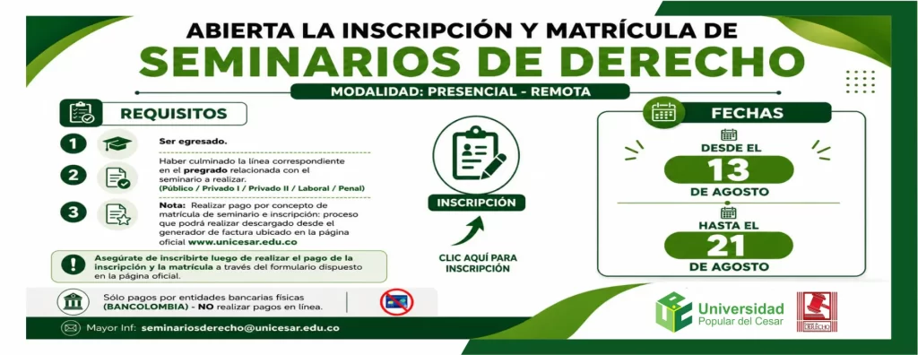 Inscripciรณn y matrรญcula de seminarios de derecho.