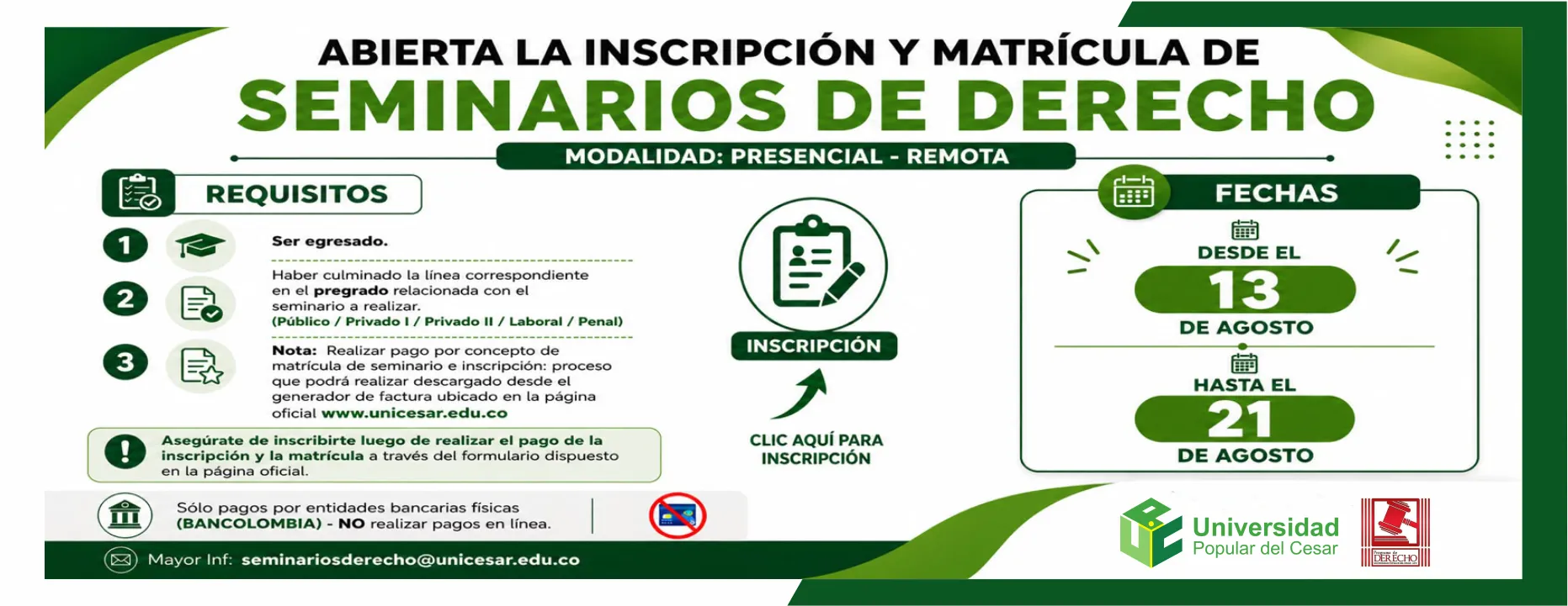 EVENTO 03 Inscripción y matrícula de seminarios de derecho.