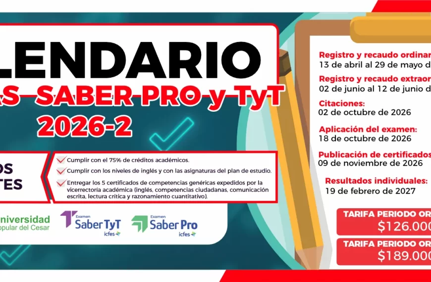 Calendario de presentación de pruebas saber t y t y saber pro 2026-2.