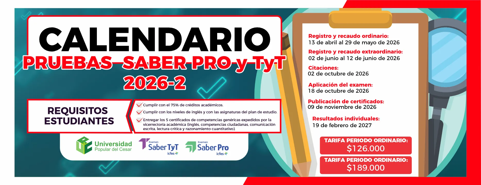 Banner 148-2026 Calendario de presentación de pruebas saber t y t y saber pro 2026-2.