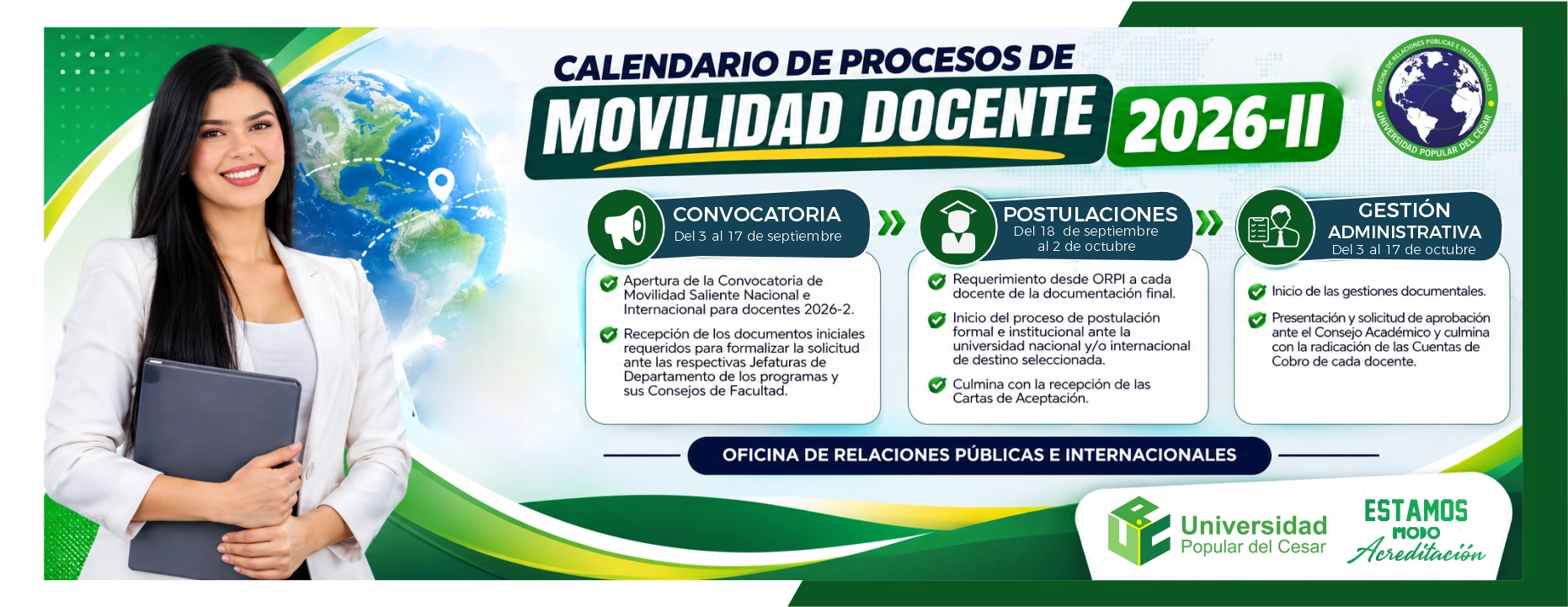 Calendario de procesos de movilidad docente 2026-2. Día: Del 3 de septiembre al 15 de octubre de 2026.