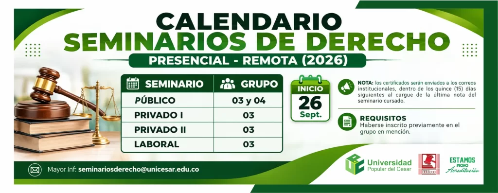 Calendario Seminarios de derecho presencial - remota 2026