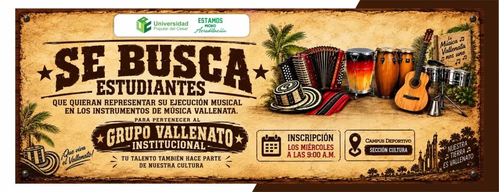 Se busca estudiantes que quieran representar su dirección musical en los instrumentos de nuestra vallenata. grupo vallenato institucional.
